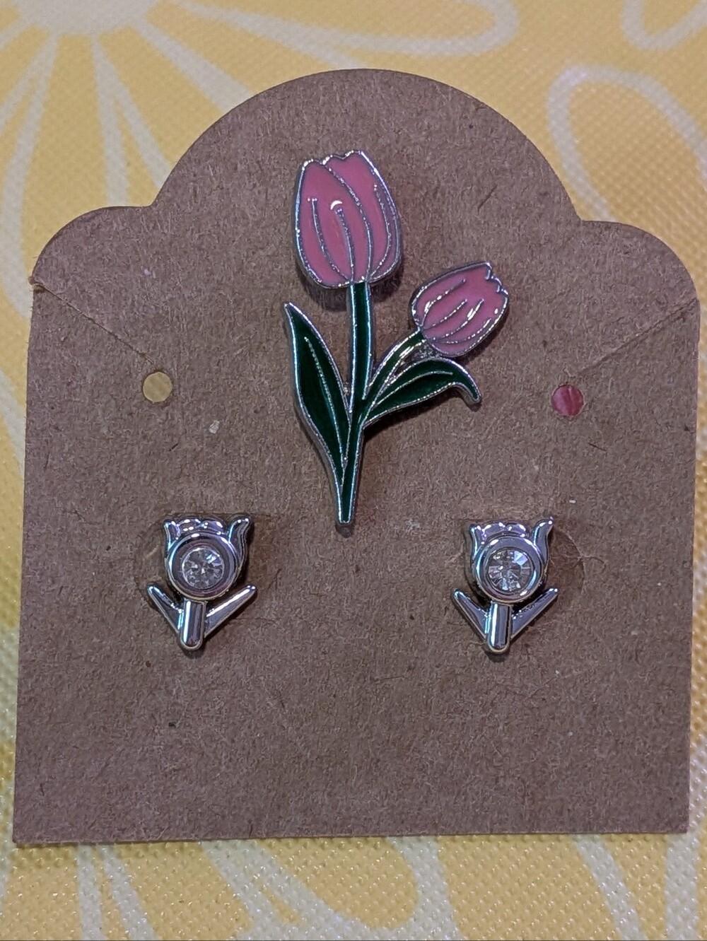 Pink Tulip Enamel Pin & Silver Tulip Stud Earrings Set
